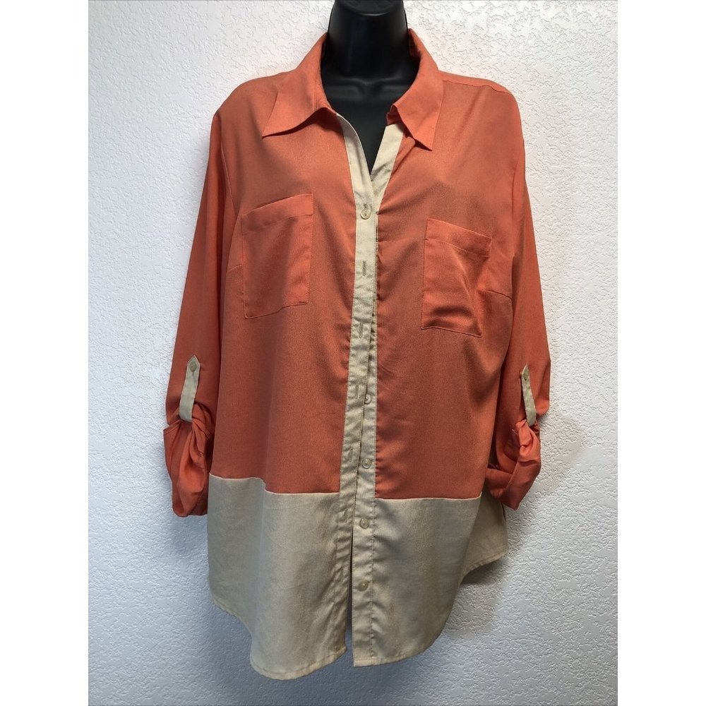 Notations Peach Color Block Button Up Womens Roll… - image 1